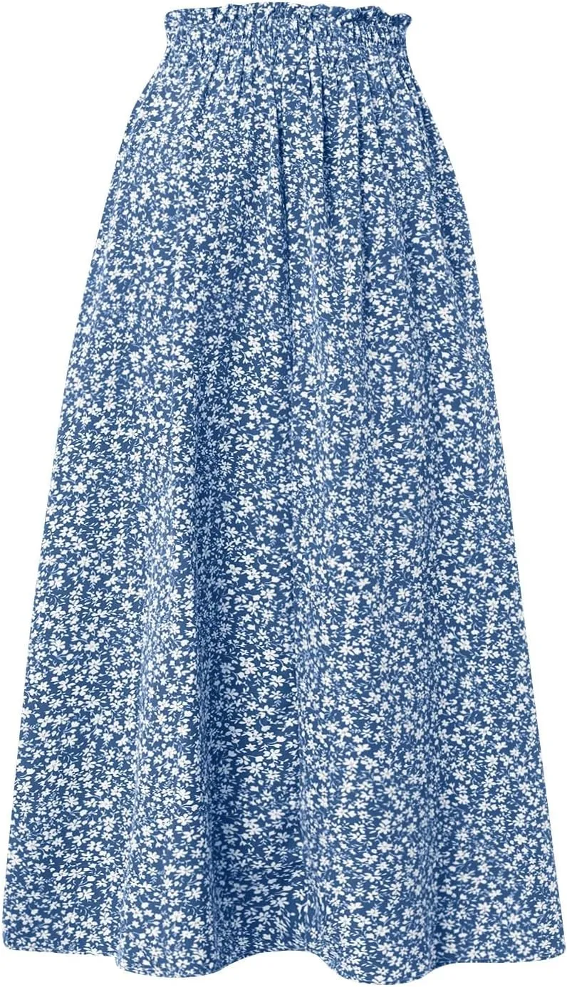 Women's Linen Skirts Knee Length Midi Skirt Summer Drawstring High Waisted Boho Skirt Smocked Aline with Pockets