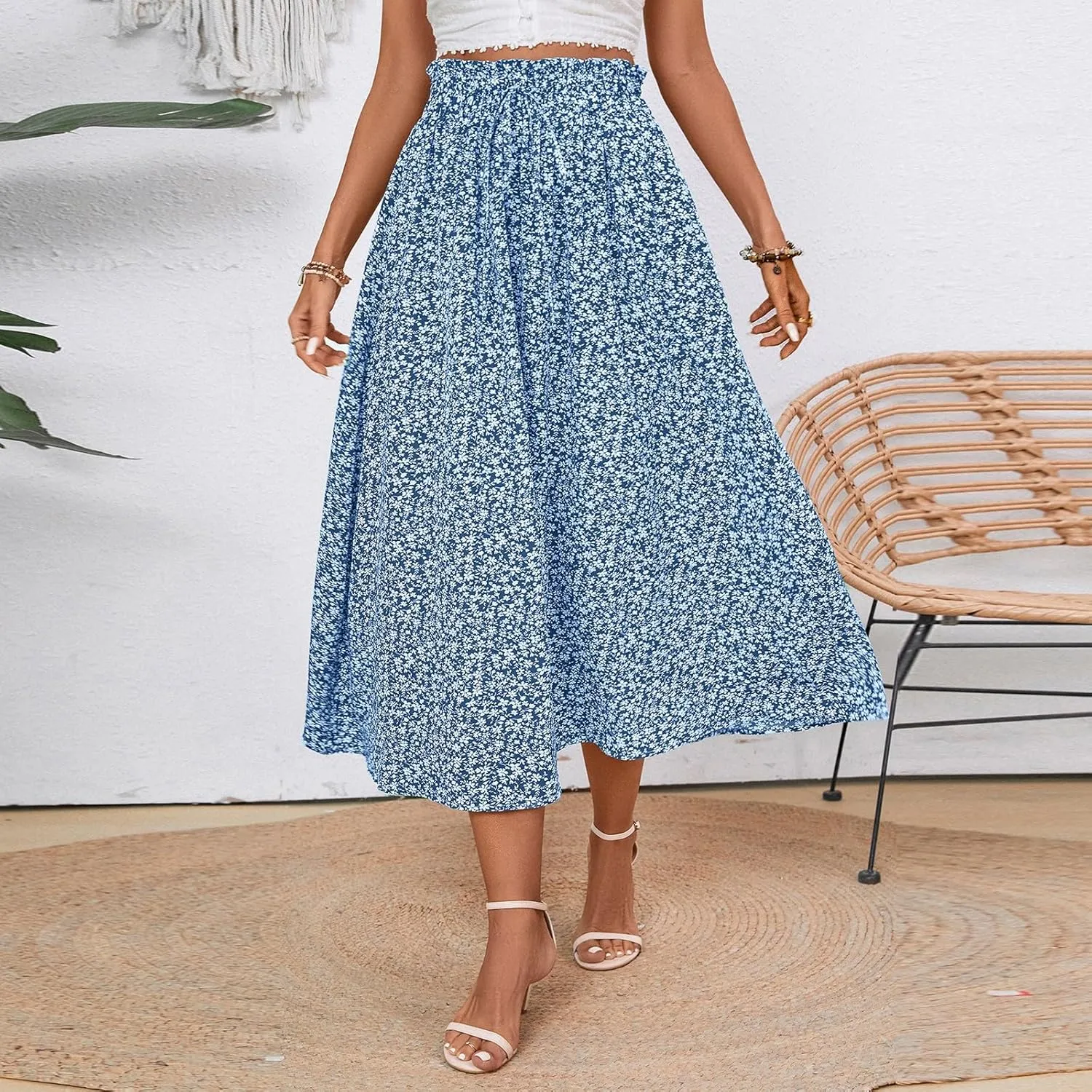Women's Linen Skirts Knee Length Midi Skirt Summer Drawstring High Waisted Boho Skirt Smocked Aline with Pockets