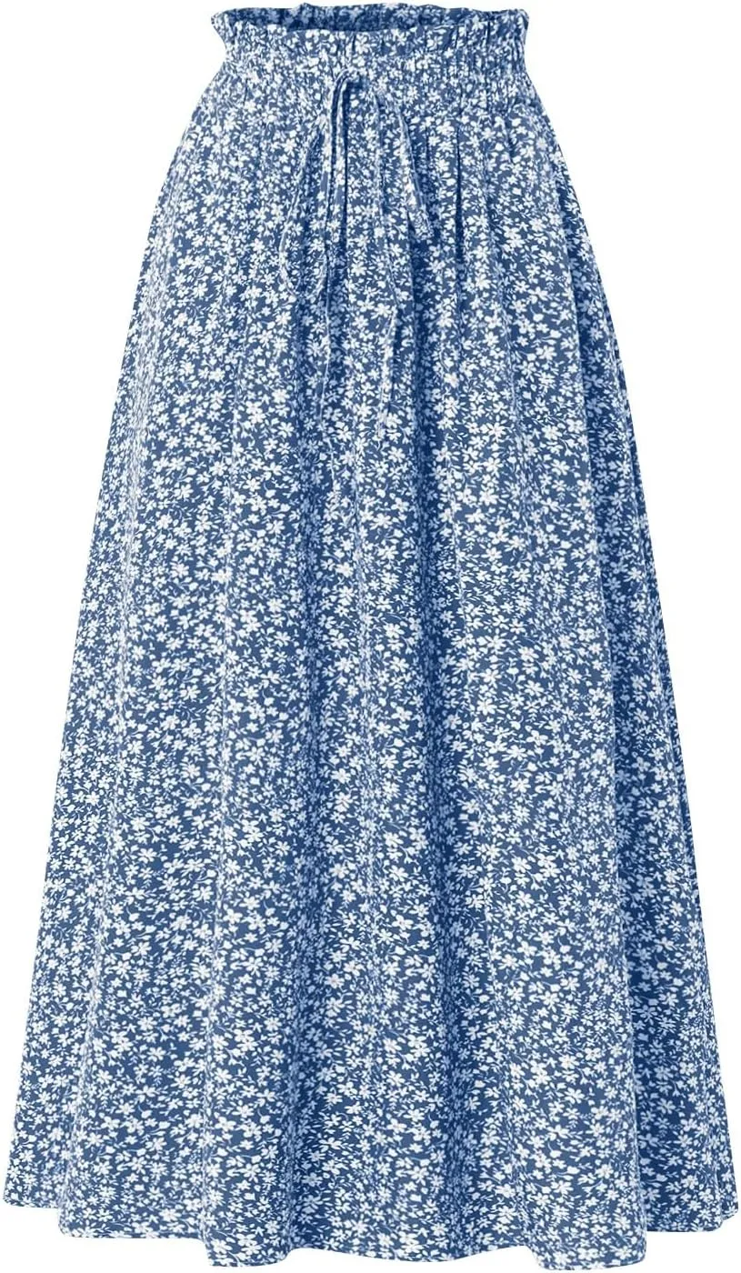 Women's Linen Skirts Knee Length Midi Skirt Summer Drawstring High Waisted Boho Skirt Smocked Aline with Pockets
