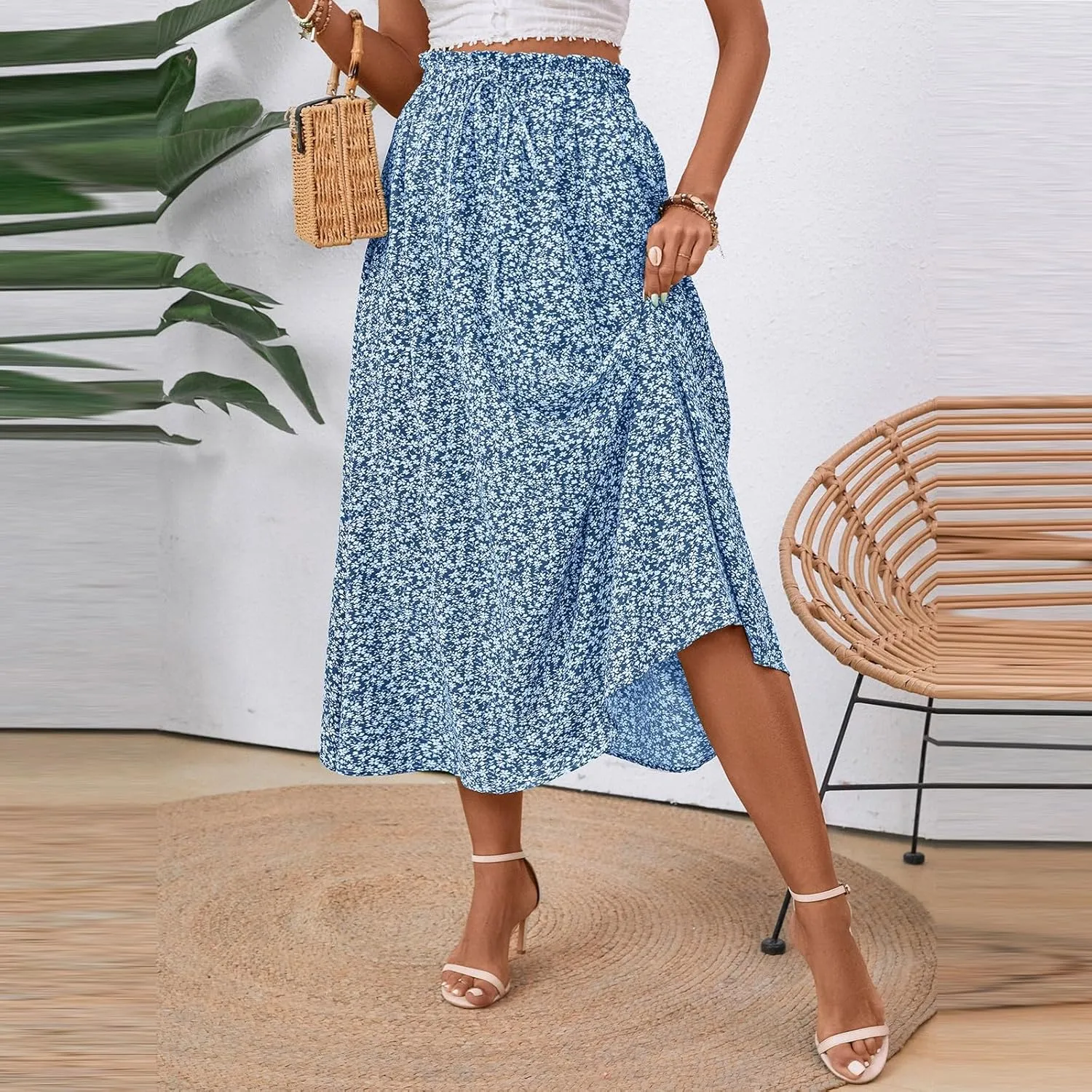Women's Linen Skirts Knee Length Midi Skirt Summer Drawstring High Waisted Boho Skirt Smocked Aline with Pockets