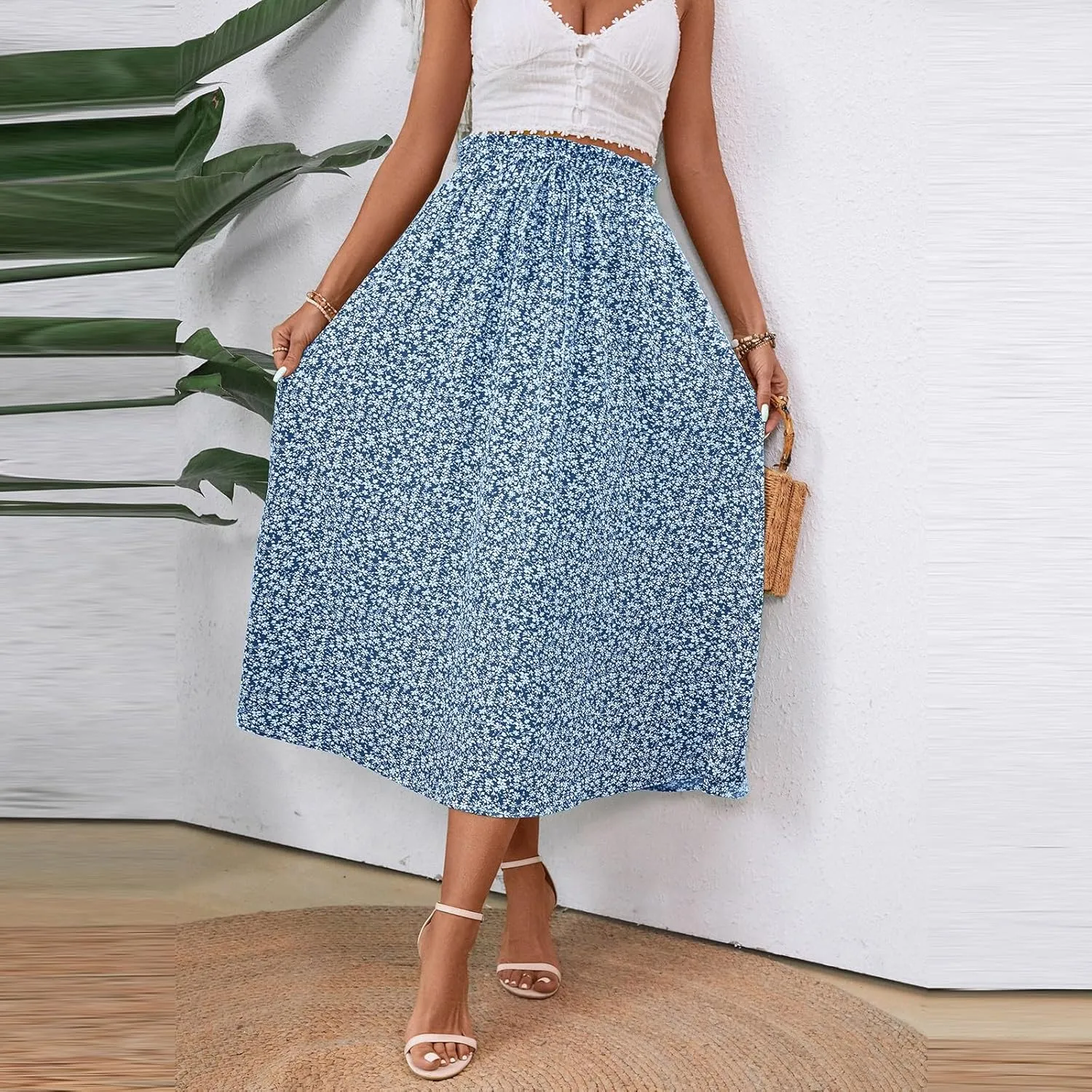 Women's Linen Skirts Knee Length Midi Skirt Summer Drawstring High Waisted Boho Skirt Smocked Aline with Pockets