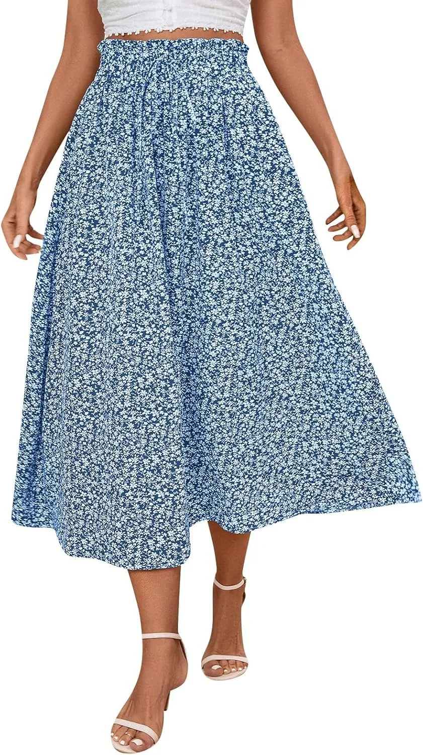 Women's Linen Skirts Knee Length Midi Skirt Summer Drawstring High Waisted Boho Skirt Smocked Aline with Pockets