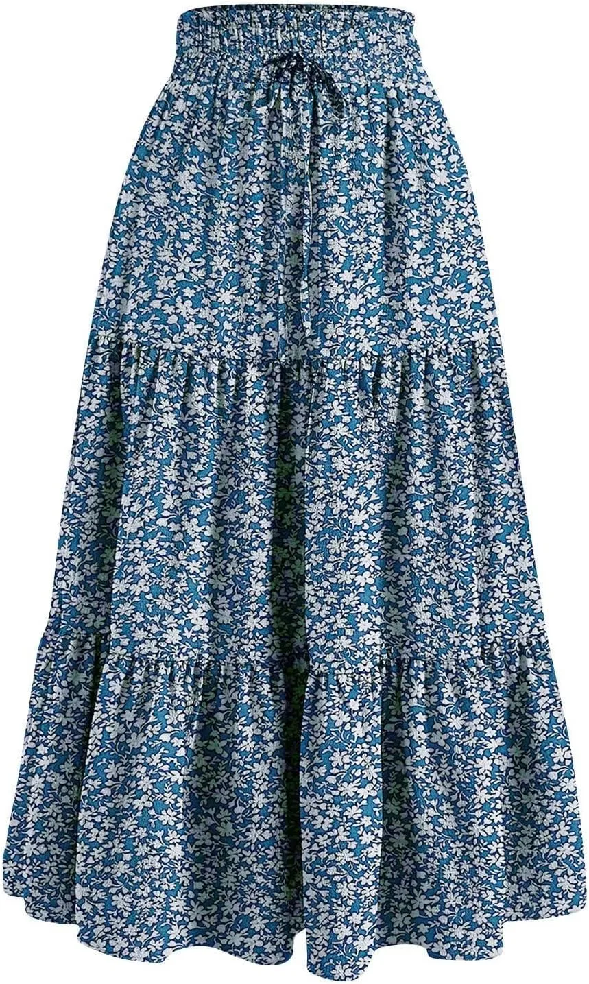Womens Midi Skirts Elastic High Waist A-Line Swing Skirts Long Ruffle Tiered Hem Maxi Skirt