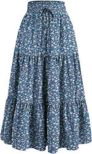 Womens Midi Skirts Elastic High Waist A-Line Swing Skirts Long Ruffle Tiered Hem Maxi Skirt