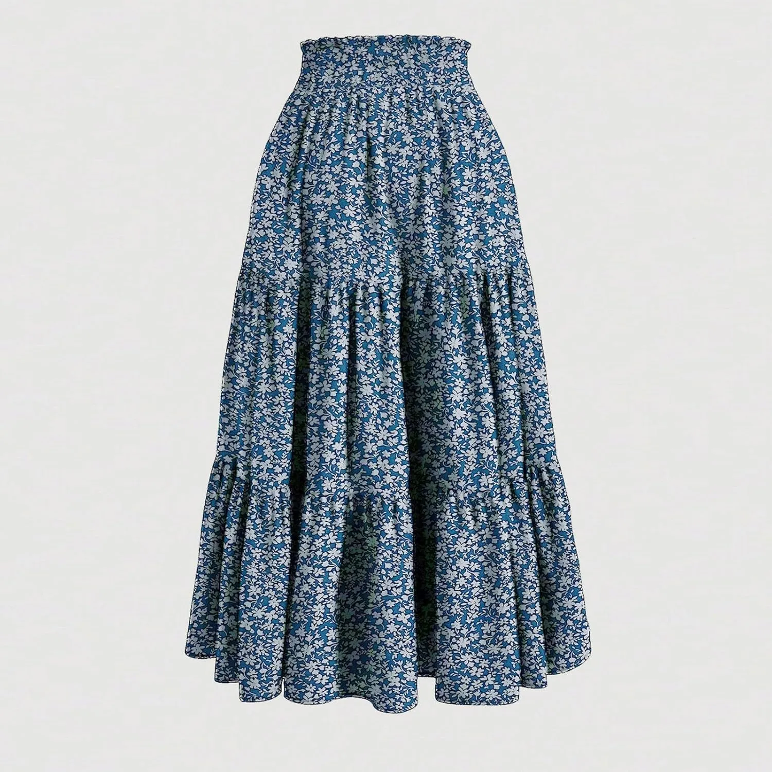 Womens Midi Skirts Elastic High Waist A-Line Swing Skirts Long Ruffle Tiered Hem Maxi Skirt