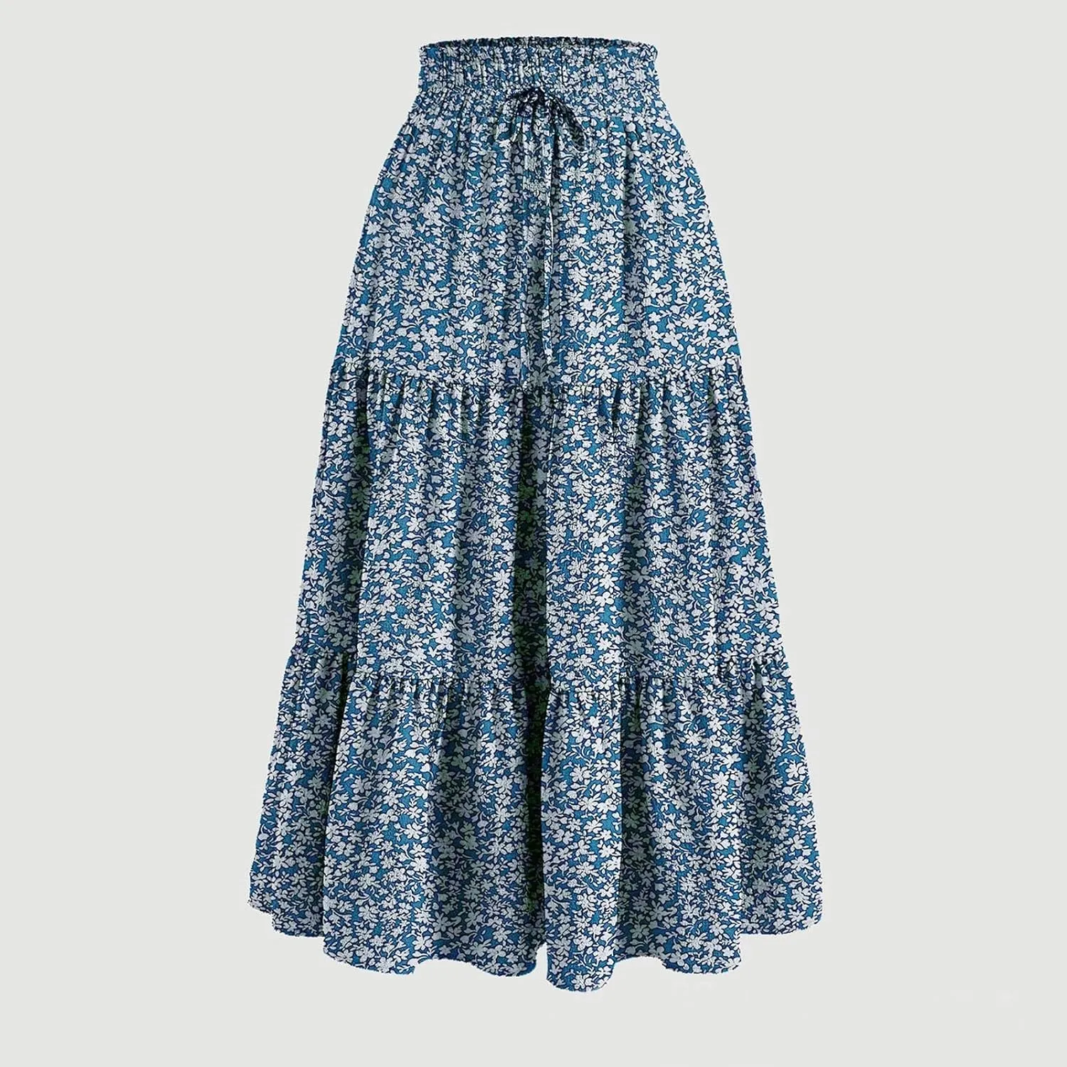 Womens Midi Skirts Elastic High Waist A-Line Swing Skirts Long Ruffle Tiered Hem Maxi Skirt