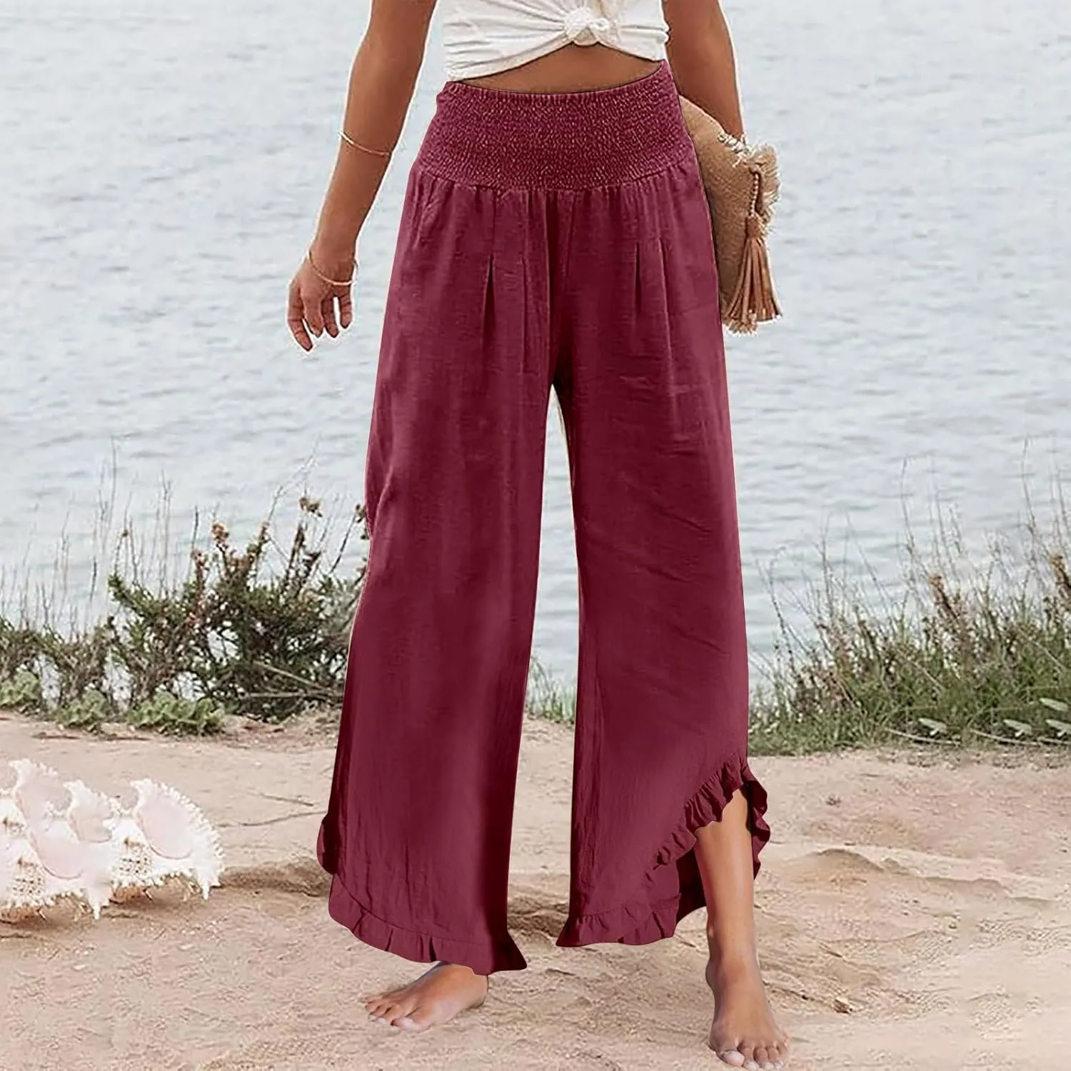 Women's Pants High Waisted Straight Leg Work,Womens Dress Sweatpants Petite, Linen Cotton Slit Baggy Waist