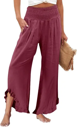 Women's Pants High Waisted Straight Leg Work,Womens Dress Sweatpants Petite, Linen Cotton Slit Baggy Waist