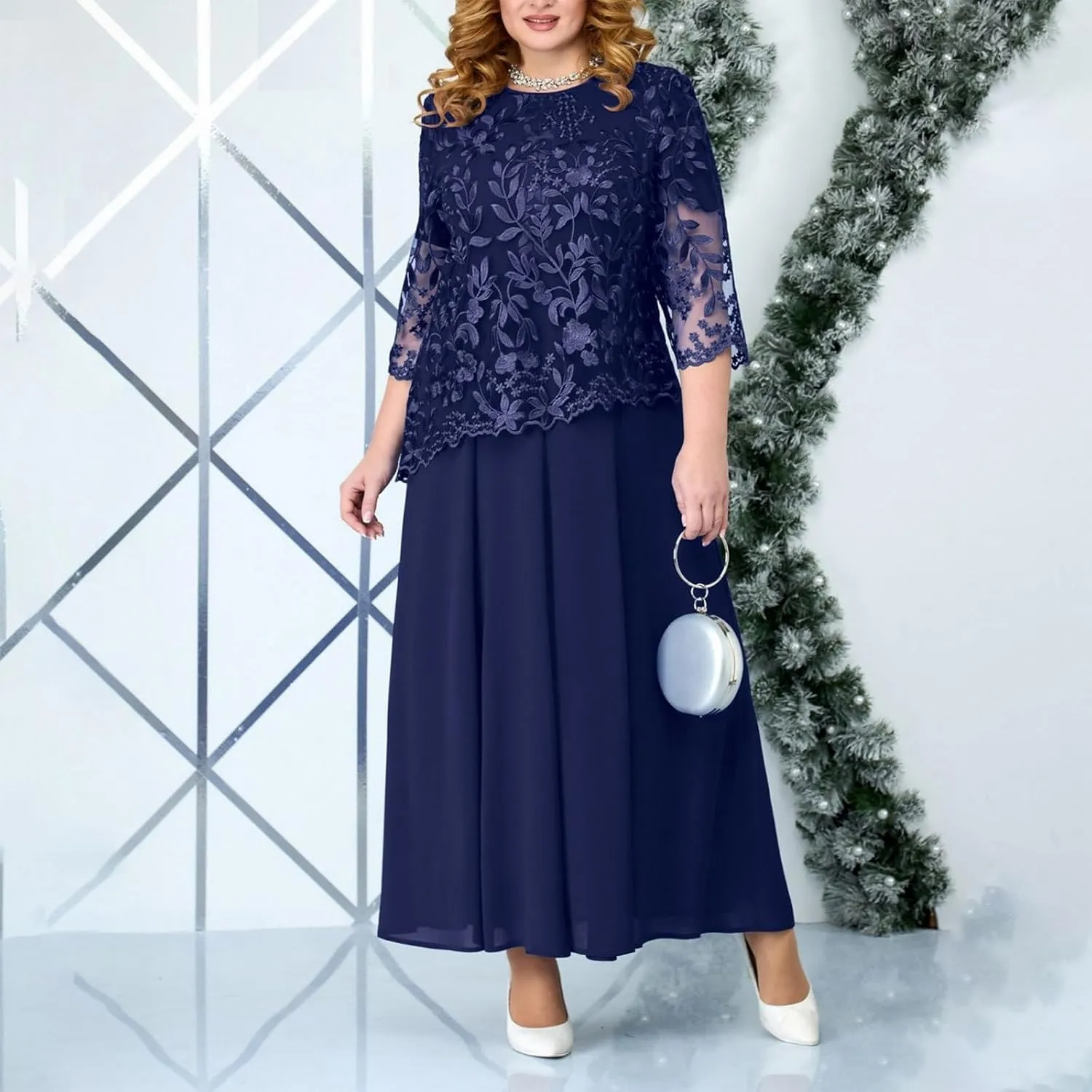 Women's Plus Size Lace Midi Dress Fashion Loose Flowy Chiffon Dresses Solid Color Round Neck 3/4 Sleeve Dress