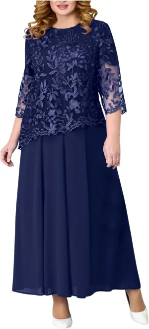 Women's Plus Size Lace Midi Dress Fashion Loose Flowy Chiffon Dresses Solid Color Round Neck 3/4 Sleeve Dress