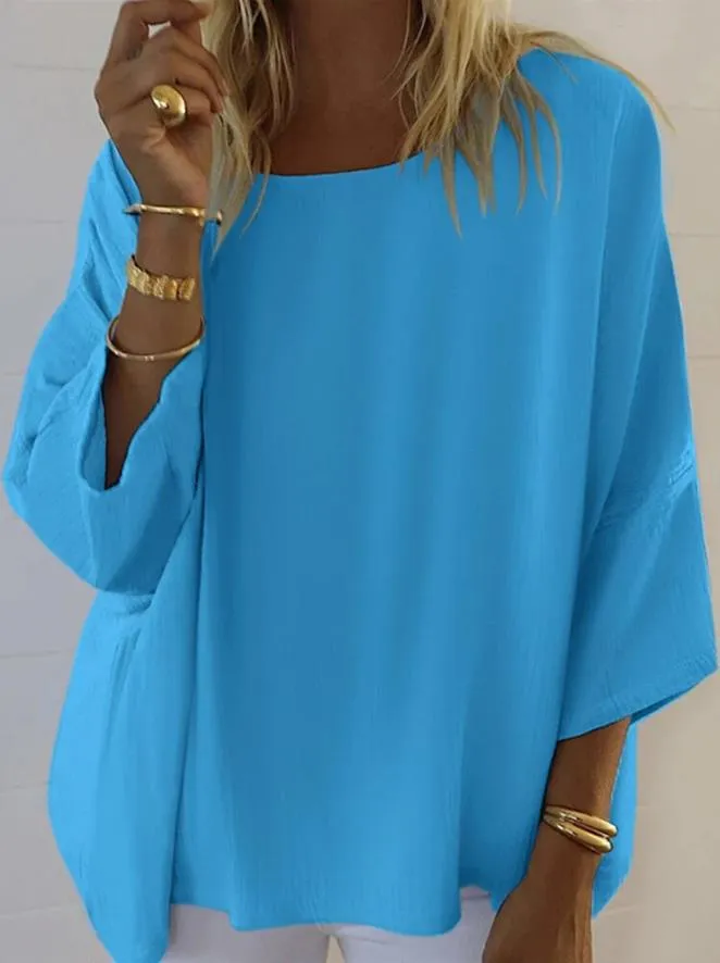 Women's Round Neck Stitching Solid Color 7-point Blouses