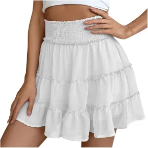 Women's Skirt with Shorts Elastic Waist Pleated Layer Ruffle Hem Short Skirt Casual Fashion Flowy Beach A Line Skort