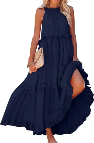 Women's Summer Casual Solid Sleeveless Hanging Neck Swing Flowy Beach Maxi Dress