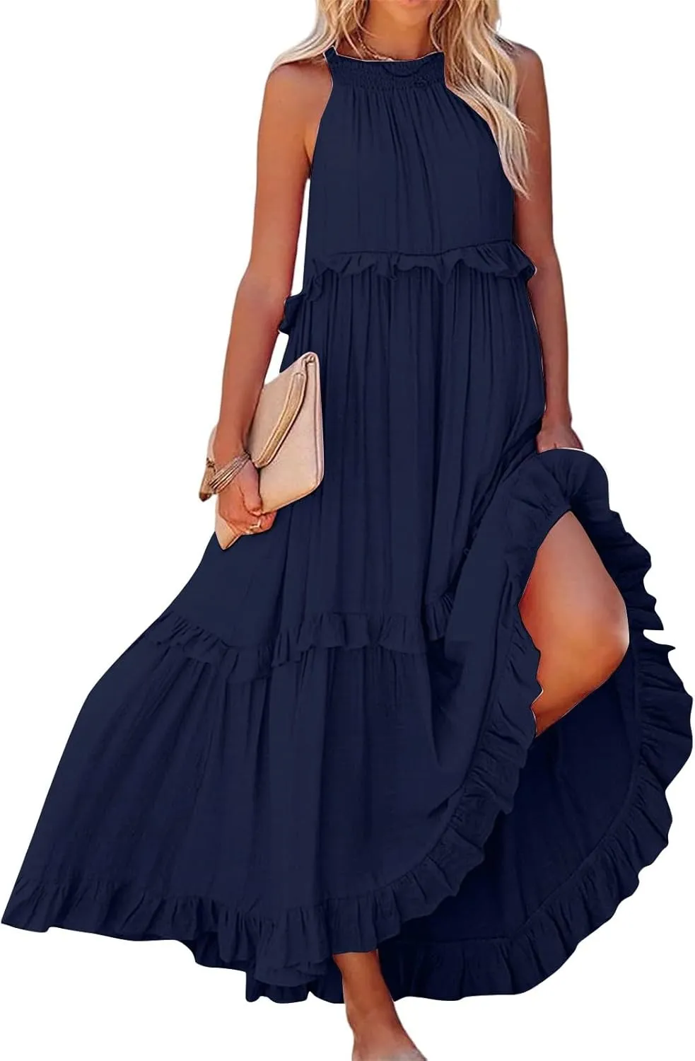 Women's Summer Casual Solid Sleeveless Hanging Neck Swing Flowy Beach Maxi Dress