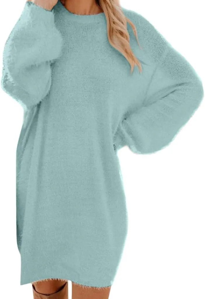 Women's Sweater Dresses Knee Length Cream Dress Trendy Plus Size Long Sleeve Crewneck Pullover