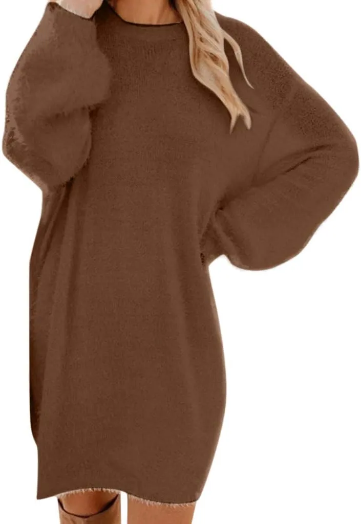 Women's Sweater Dresses Knee Length Cream Dress Trendy Plus Size Long Sleeve Crewneck Pullover