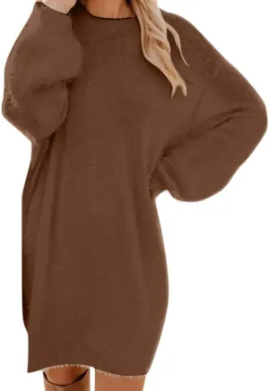 Women's Sweater Dresses Knee Length Cream Dress Trendy Plus Size Long Sleeve Crewneck Pullover