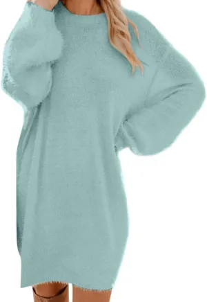 Women's Sweater Dresses Knee Length Cream Dress Trendy Plus Size Long Sleeve Crewneck Pullover