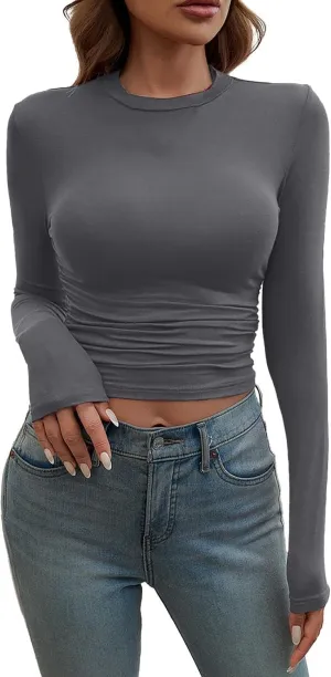 Womens Tops Trendy Solid Color Pullover Casual Long Sleeve Shirts Crew Neck Slim Stretch Clothes 2024