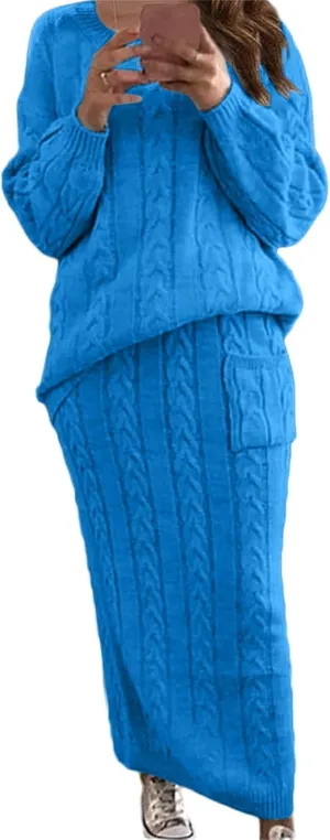 Women's Winter Chunky Cable Knit Long Skirt 2 Piece Outfit Sweater Sets Casual Comfy Slim Sweater Outfits