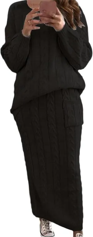 Women's Winter Chunky Cable Knit Long Skirt 2 Piece Outfit Sweater Sets Casual Comfy Slim Sweater Outfits