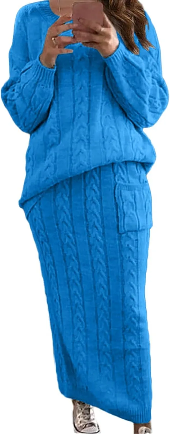 Women's Winter Chunky Cable Knit Long Skirt 2 Piece Outfit Sweater Sets Casual Comfy Slim Sweater Outfits