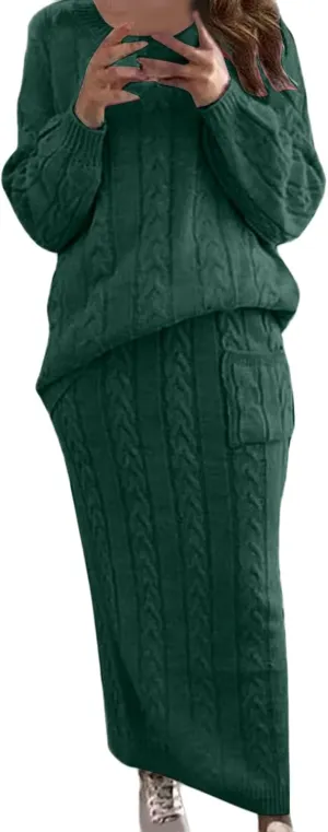 Women's Winter Chunky Cable Knit Long Skirt 2 Piece Outfit Sweater Sets Casual Comfy Slim Sweater Outfits