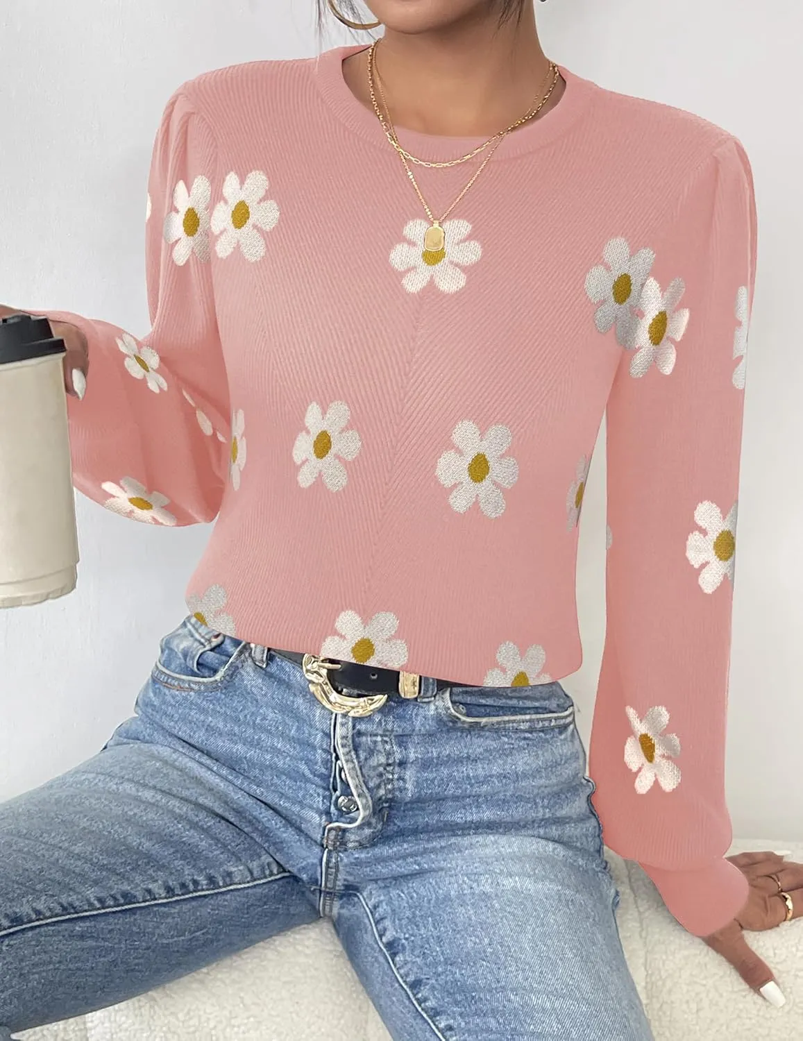 Zeagoo Womens Sweaters Fall 2024 Fashion Trendy Long Sleeve Sweaters Ribbed Knit Winter Outfits Puff Pullover Jumper Tops