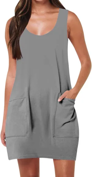 ZWRXW Sundresses for Women with Pockets Summer Dresses U Neck Sleeveless Tank Dress Short Mini Dresses Beach Swimsuit Coverup