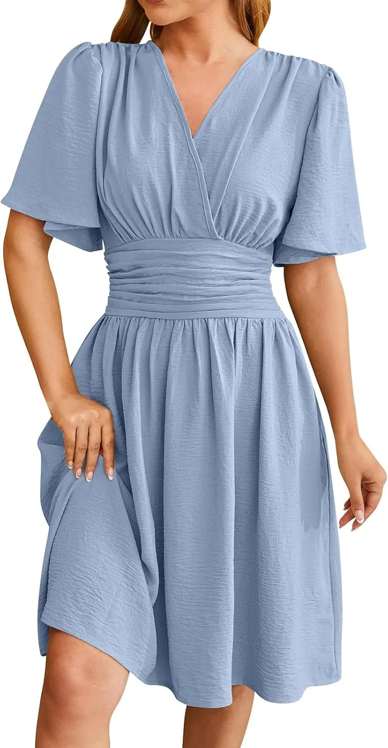 ZYXTIM Womens V Neck Casual Dresses Trumpet Sleeves High Waist Ruffle Pleated Fashion Mini Dress Elegant Belt Office Dress