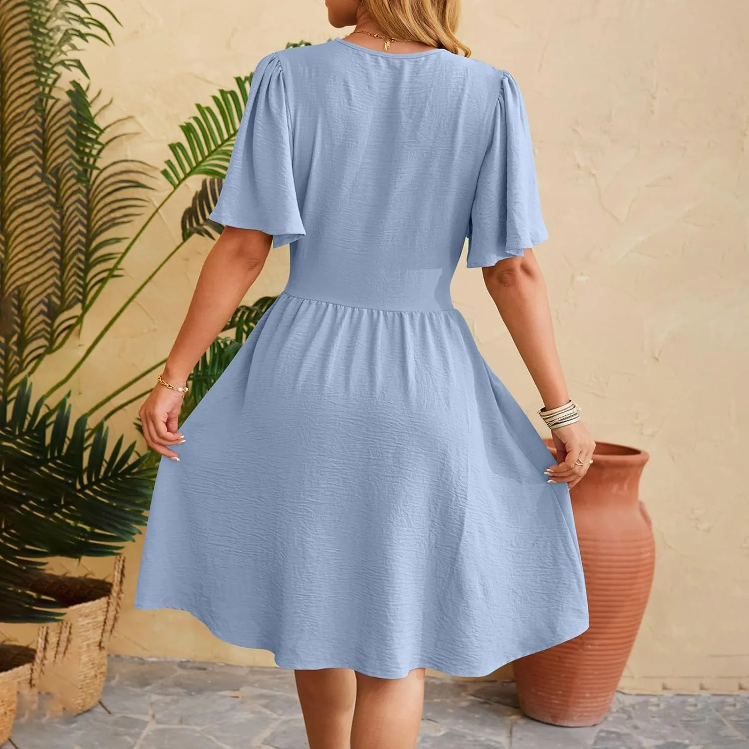 ZYXTIM Womens V Neck Casual Dresses Trumpet Sleeves High Waist Ruffle Pleated Fashion Mini Dress Elegant Belt Office Dress