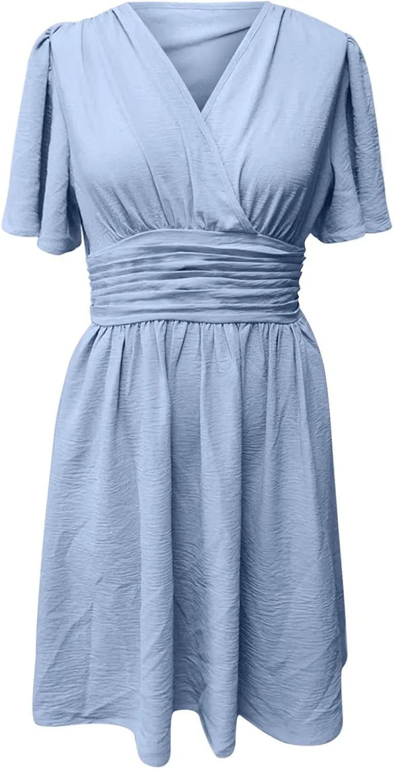 ZYXTIM Womens V Neck Casual Dresses Trumpet Sleeves High Waist Ruffle Pleated Fashion Mini Dress Elegant Belt Office Dress